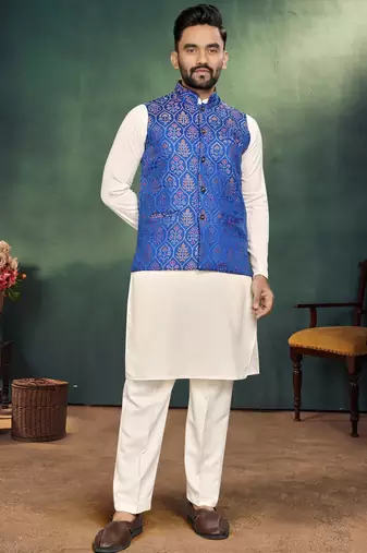 Royal blue jacquard silk kurta payjama koti & saree couple set
