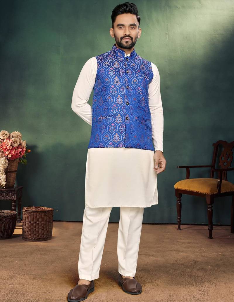 Royal blue jacquard silk kurta payjama koti & saree couple set