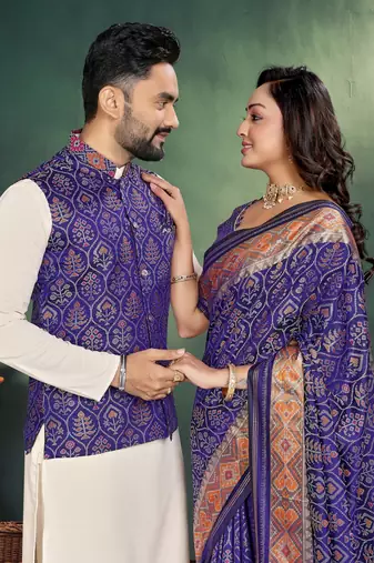 Navy blue jacquard silk kurta payjama koti & saree couple set