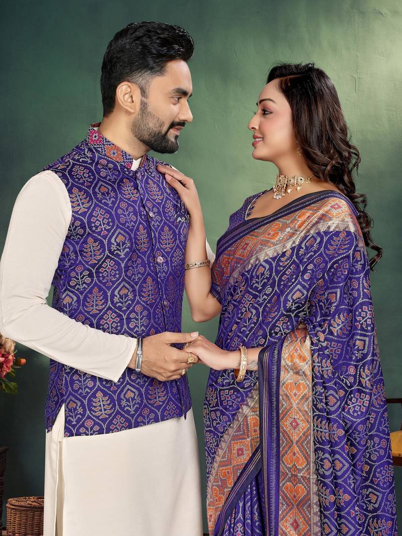 Navy blue jacquard silk kurta payjama koti & saree couple set