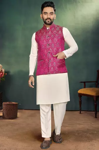 Pink jacquard silk kurta payjama koti & saree couple set