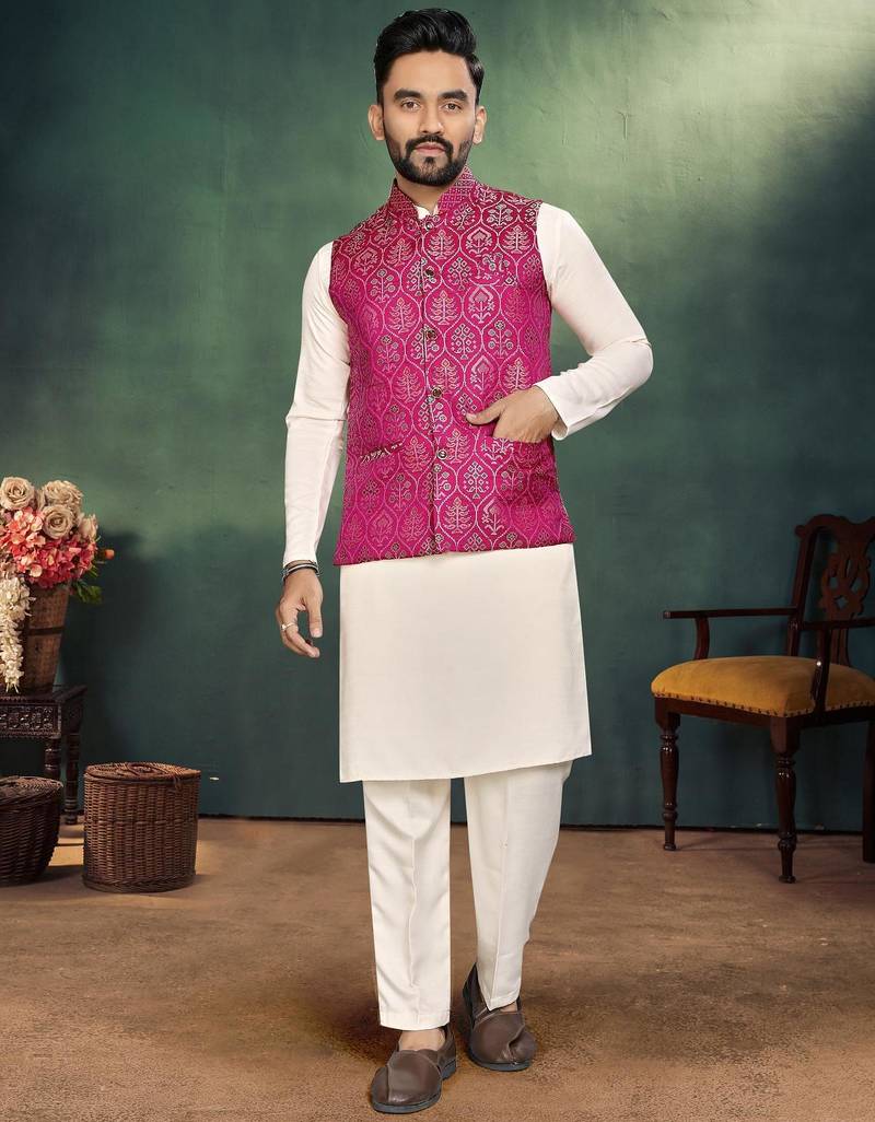 Pink jacquard silk kurta payjama koti & saree couple set