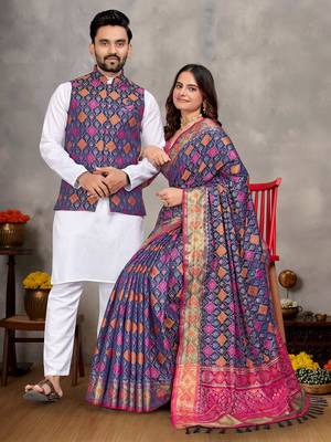 Elegant men's kurta with jacquard silk koti & women's navy blue saree set 1