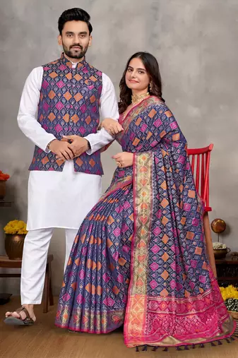 Elegant men's kurta with jacquard silk koti & women's navy blue saree set