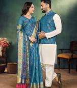 Sky blue jacquard silk kurta payjama koti & saree couple set