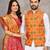 Elegant men's kurta with jacquard silk koti & women's orange saree set