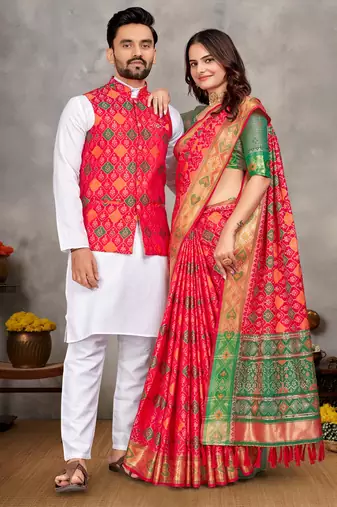 Elegant men's kurta with jacquard silk koti & women's red saree set