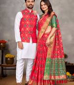 Elegant men's kurta with jacquard silk koti & women's red saree set