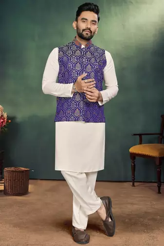 Navy blue jacquard silk kurta payjama koti & saree couple set
