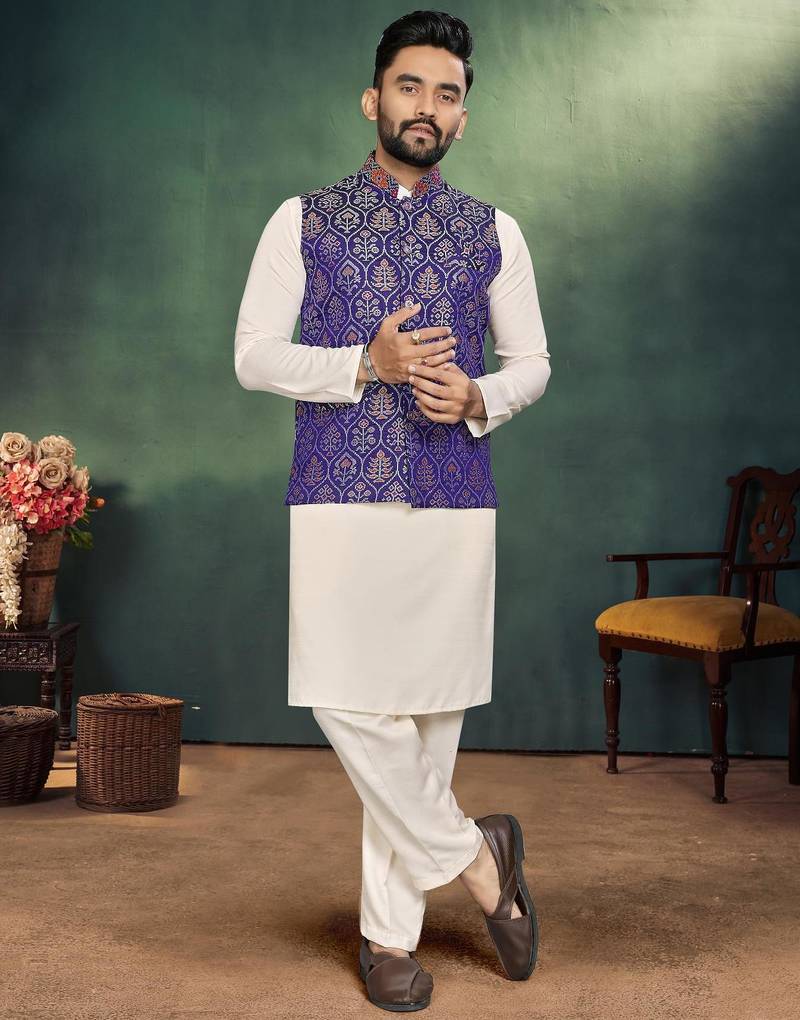 Navy blue jacquard silk kurta payjama koti & saree couple set