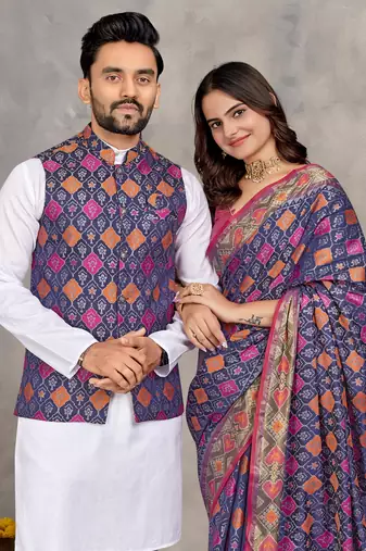 Elegant men's kurta with jacquard silk koti & women's navy blue saree set