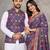 Elegant men's kurta with jacquard silk koti & women's navy blue saree set