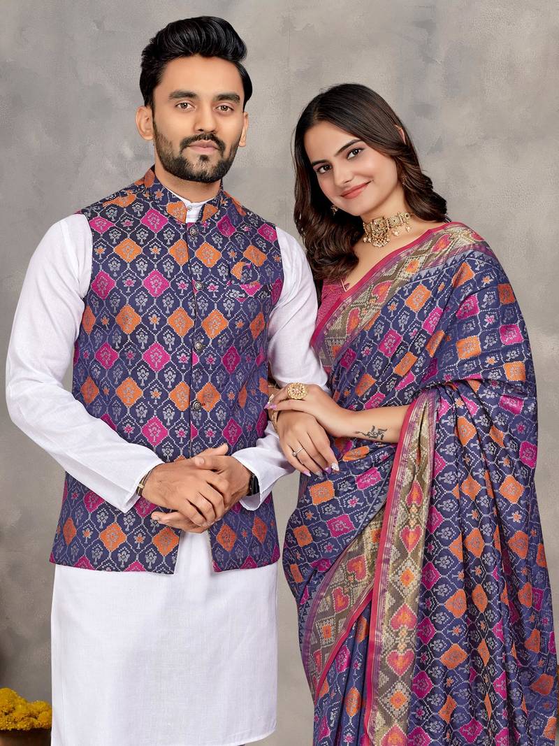 Elegant men's kurta with jacquard silk koti & women's navy blue saree set