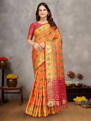 Elegant men's kurta with jacquard silk koti & women's orange saree set 3