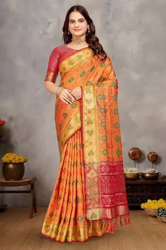 Elegant men's kurta with jacquard silk koti & women's orange saree set