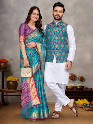 Elegant men's kurta with jacquard silk koti & women's aqua blue saree set 1