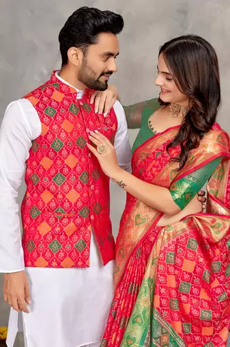 Elegant men's kurta with jacquard silk koti & women's red saree set