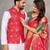 Elegant men's kurta with jacquard silk koti & women's red saree set
