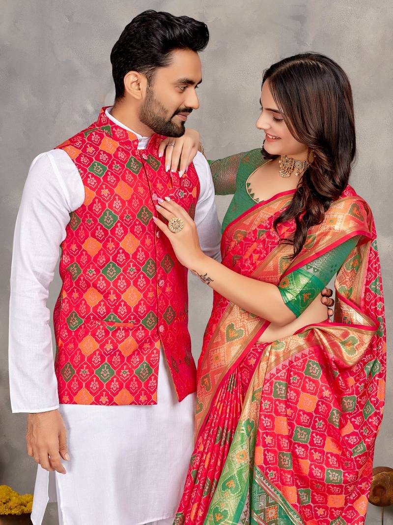Elegant men's kurta with jacquard silk koti & women's red saree set