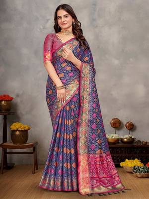 Elegant men's kurta with jacquard silk koti & women's navy blue saree set 3