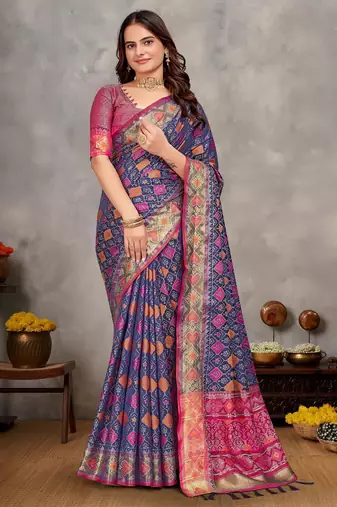 Elegant men's kurta with jacquard silk koti & women's navy blue saree set