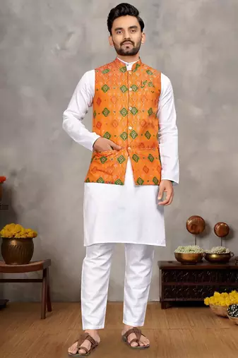 Elegant men's kurta with jacquard silk koti & women's orange saree set