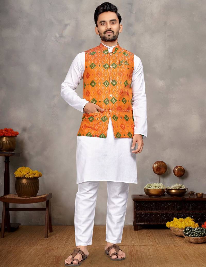Elegant men's kurta with jacquard silk koti & women's orange saree set