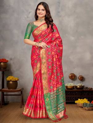 Elegant men's kurta with jacquard silk koti & women's red saree set 3