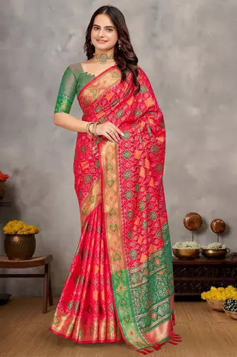 Elegant men's kurta with jacquard silk koti & women's red saree set