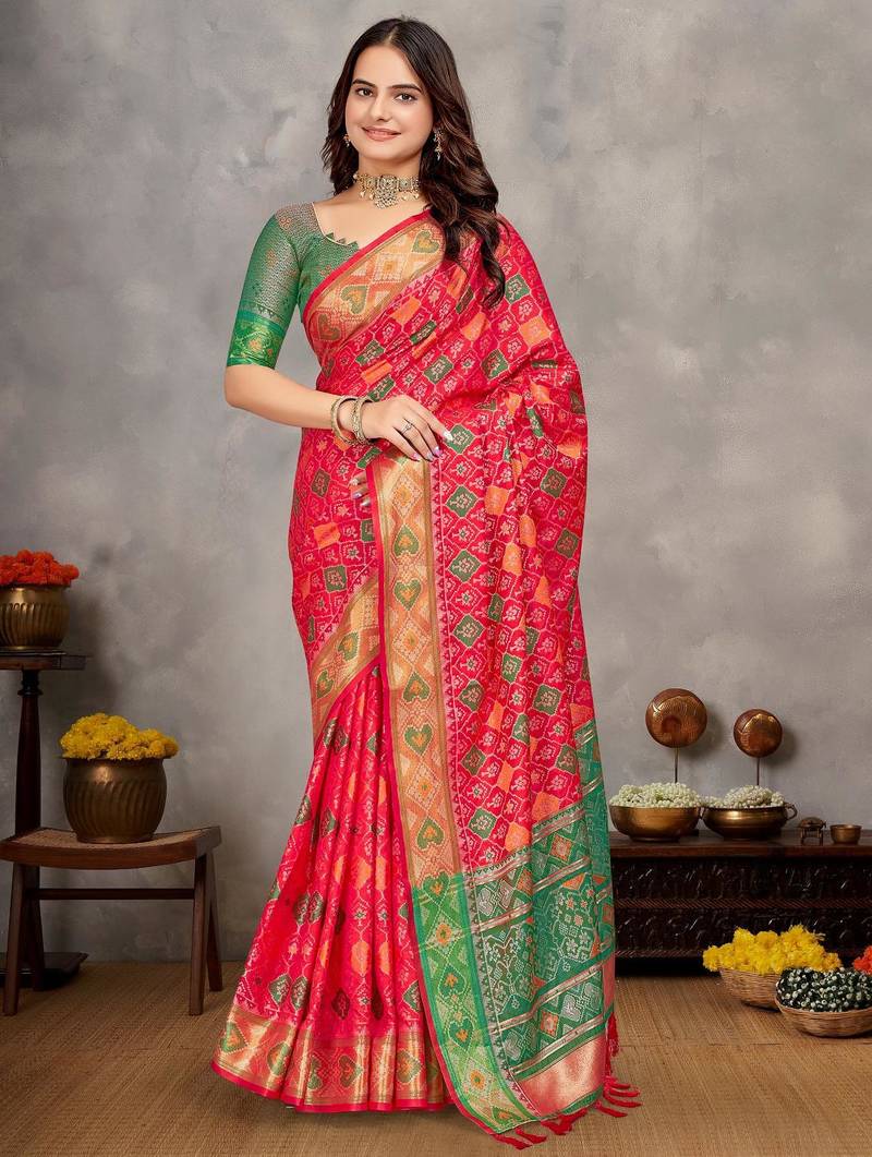 Elegant men's kurta with jacquard silk koti & women's red saree set
