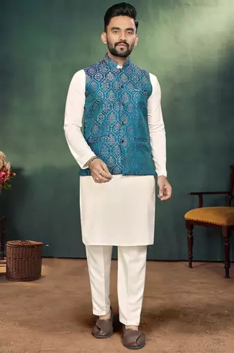 Sky blue jacquard silk kurta payjama koti & saree couple set