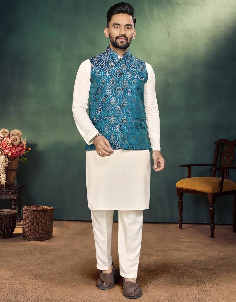 Sky blue jacquard silk kurta payjama koti & saree couple set