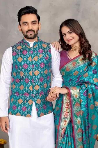 Elegant men's kurta with jacquard silk koti & women's aqua blue saree set