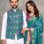 Elegant men's kurta with jacquard silk koti & women's aqua blue saree set