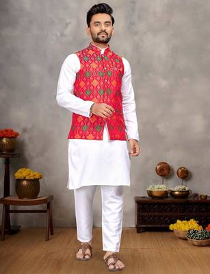 Elegant men's kurta with jacquard silk koti & women's red saree set 4