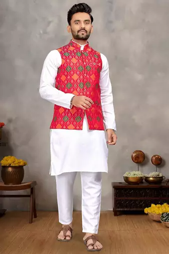 Elegant men's kurta with jacquard silk koti & women's red saree set