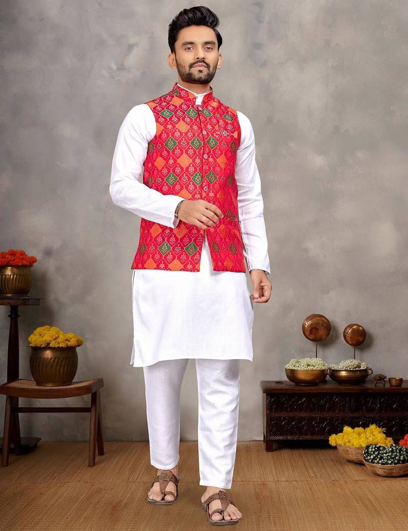 Elegant men's kurta with jacquard silk koti & women's red saree set