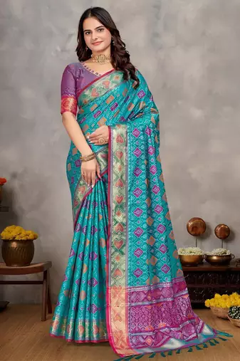 Elegant men's kurta with jacquard silk koti & women's aqua blue saree set