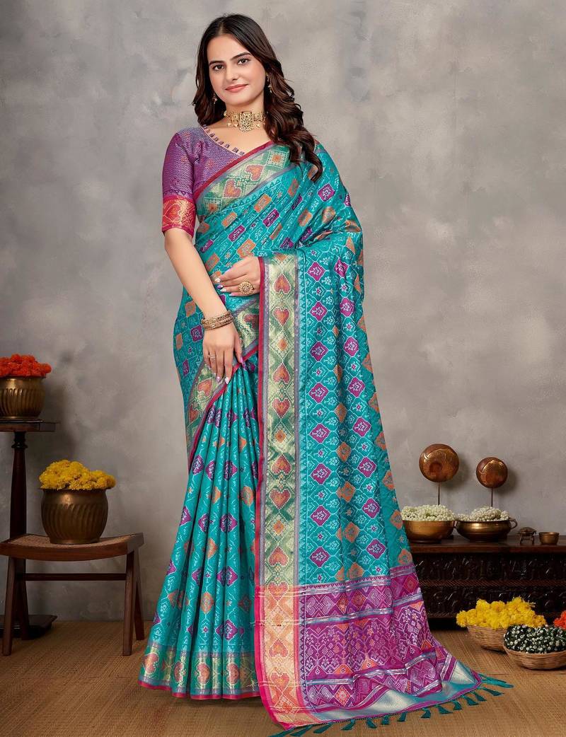 Elegant men's kurta with jacquard silk koti & women's aqua blue saree set