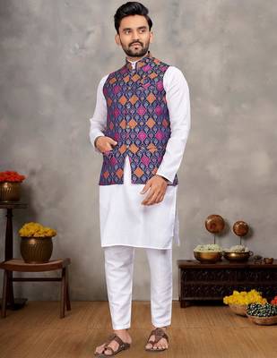 Elegant men's kurta with jacquard silk koti & women's navy blue saree set 4