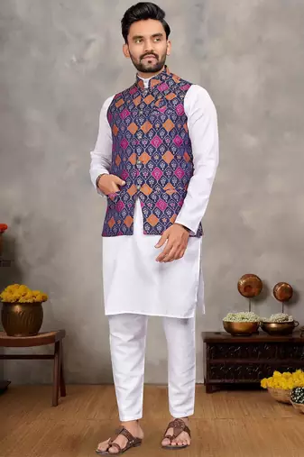 Elegant men's kurta with jacquard silk koti & women's navy blue saree set