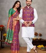 Elegant men's kurta with jacquard silk koti & women's purple saree set