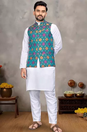 Elegant men's kurta with jacquard silk koti & women's aqua blue saree set