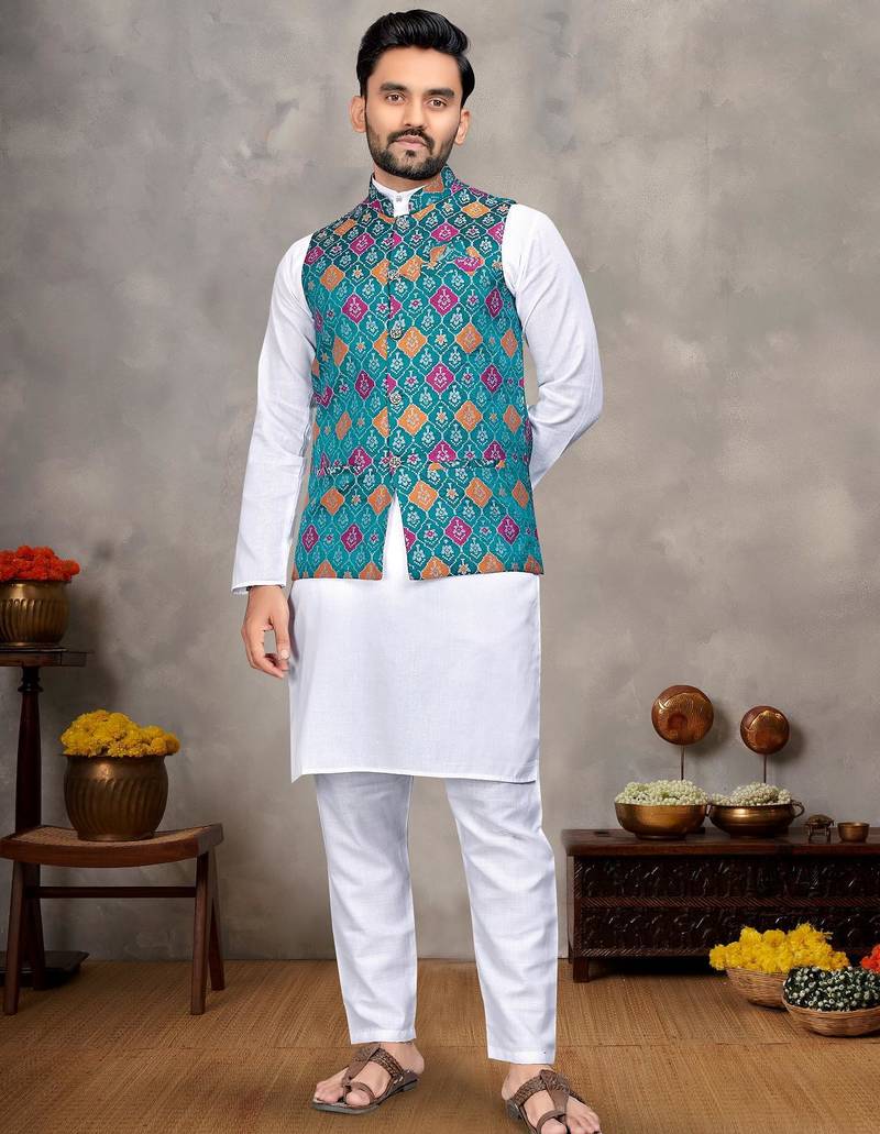 Elegant men's kurta with jacquard silk koti & women's aqua blue saree set
