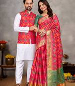 Elegant men's kurta with jacquard silk koti & women's pink saree set