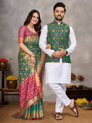 Elegant men's kurta with jacquard silk koti & women's green saree set 1