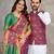 Elegant men's kurta with jacquard silk koti & women's purple saree set