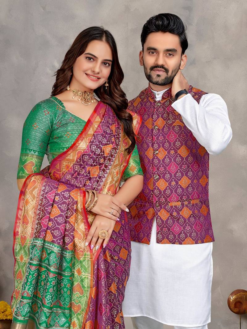 Elegant men's kurta with jacquard silk koti & women's purple saree set