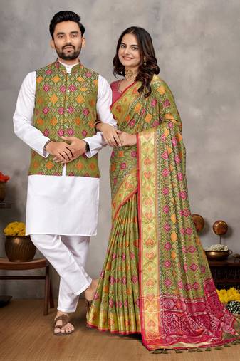 Elegant men's kurta with jacquard silk koti & women's saree set in olive green