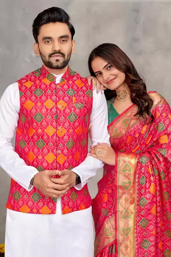 Elegant men's kurta with jacquard silk koti & women's pink saree set